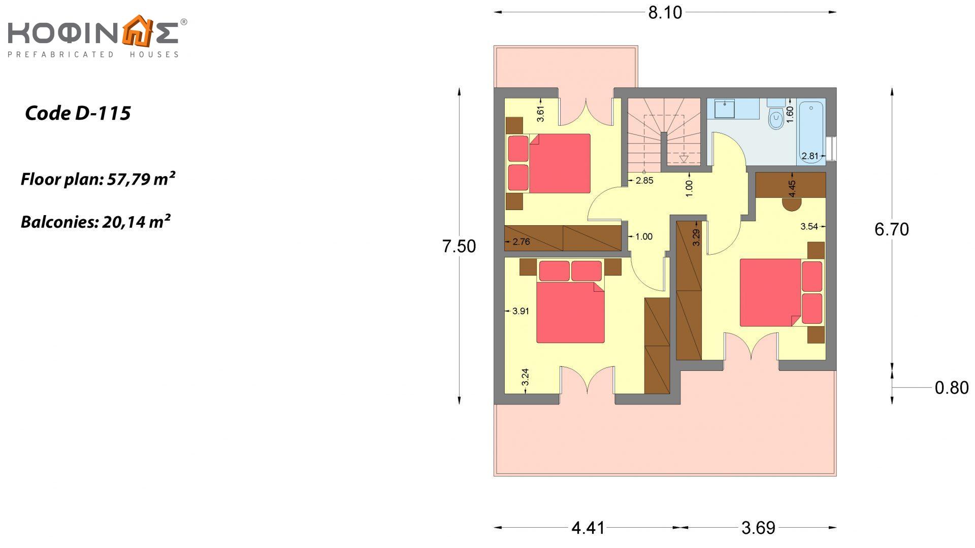 2-story house D-115, total surface of 115,58 m²,covered roofed areas 24,33 m²,balconies 20,14 m²