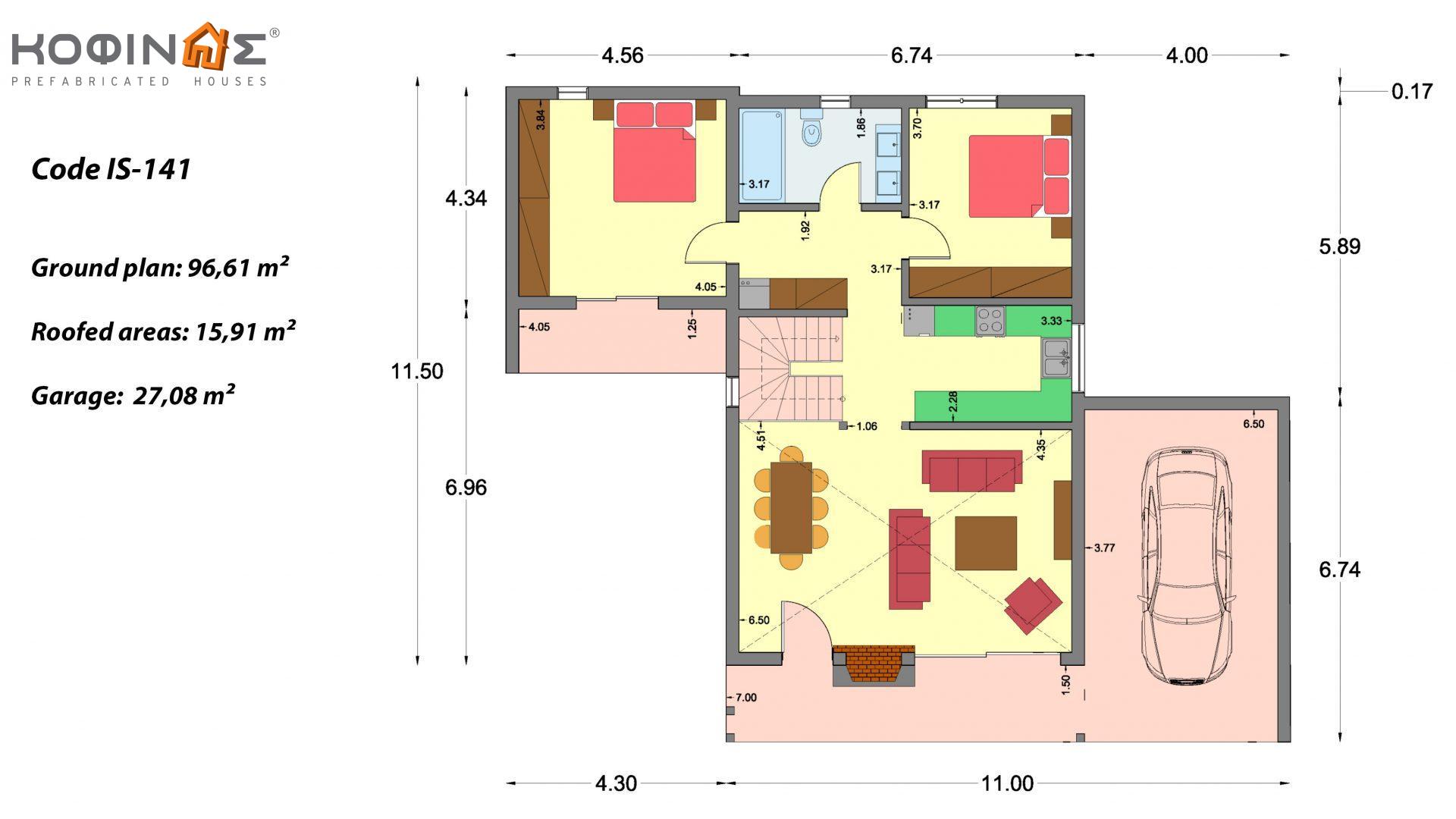 1-story house with attic IS-141, total surface of 141,95 m² , +Garage 27.08 m²(=169.03 m²), covered roofed areas 15.91 m²