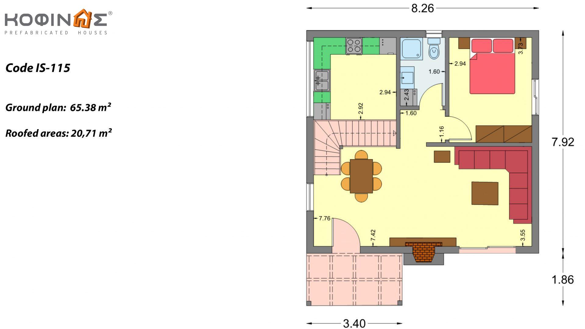 1-story house with attic IS-115, total surface of 115,18 m² ,roofed areas 32,27 m²