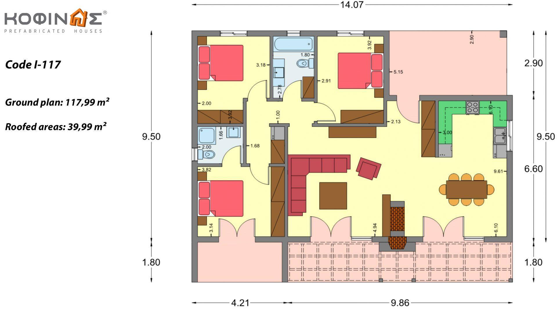 1-story house I-117, total surface of 117,99 m², covered roofed areas 39,99 m²