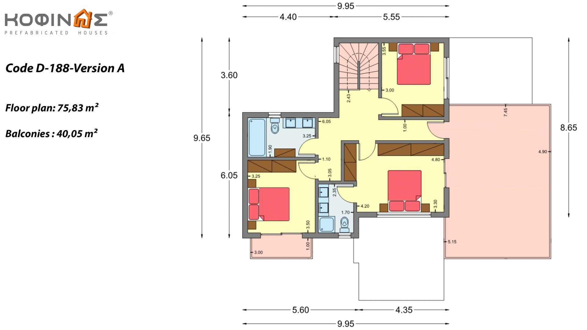 2-story house D-188, total surface of 188,66 m² ,covered roofed areas 38.20 m²,balconies 40.05 m²