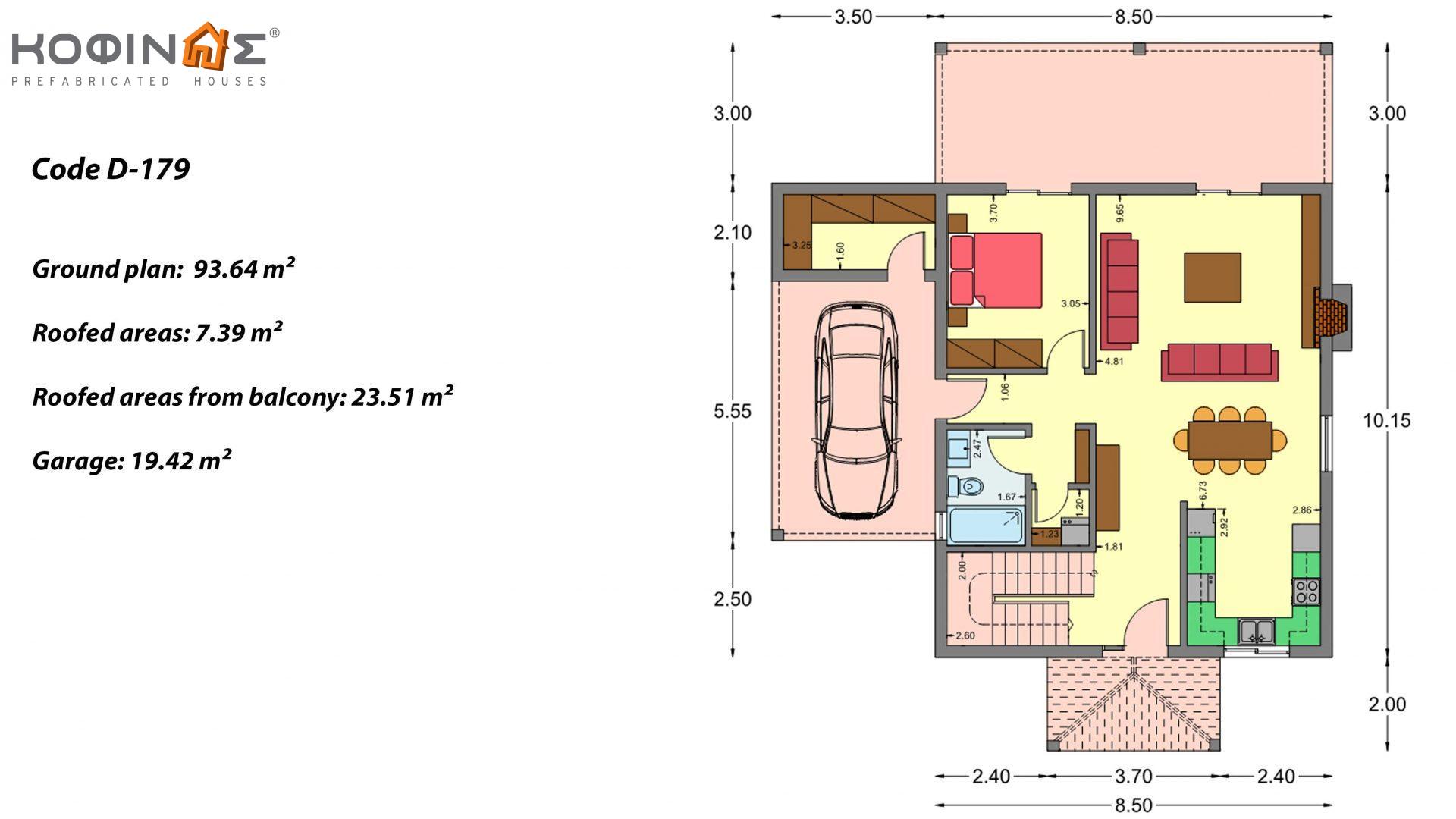 2-story house D-179, total surface of 179.38 m², +Garage 19.42 τ.μ. (=198.80 m²), covered roofed areas 30.90 m², Balconies 23.51 m²