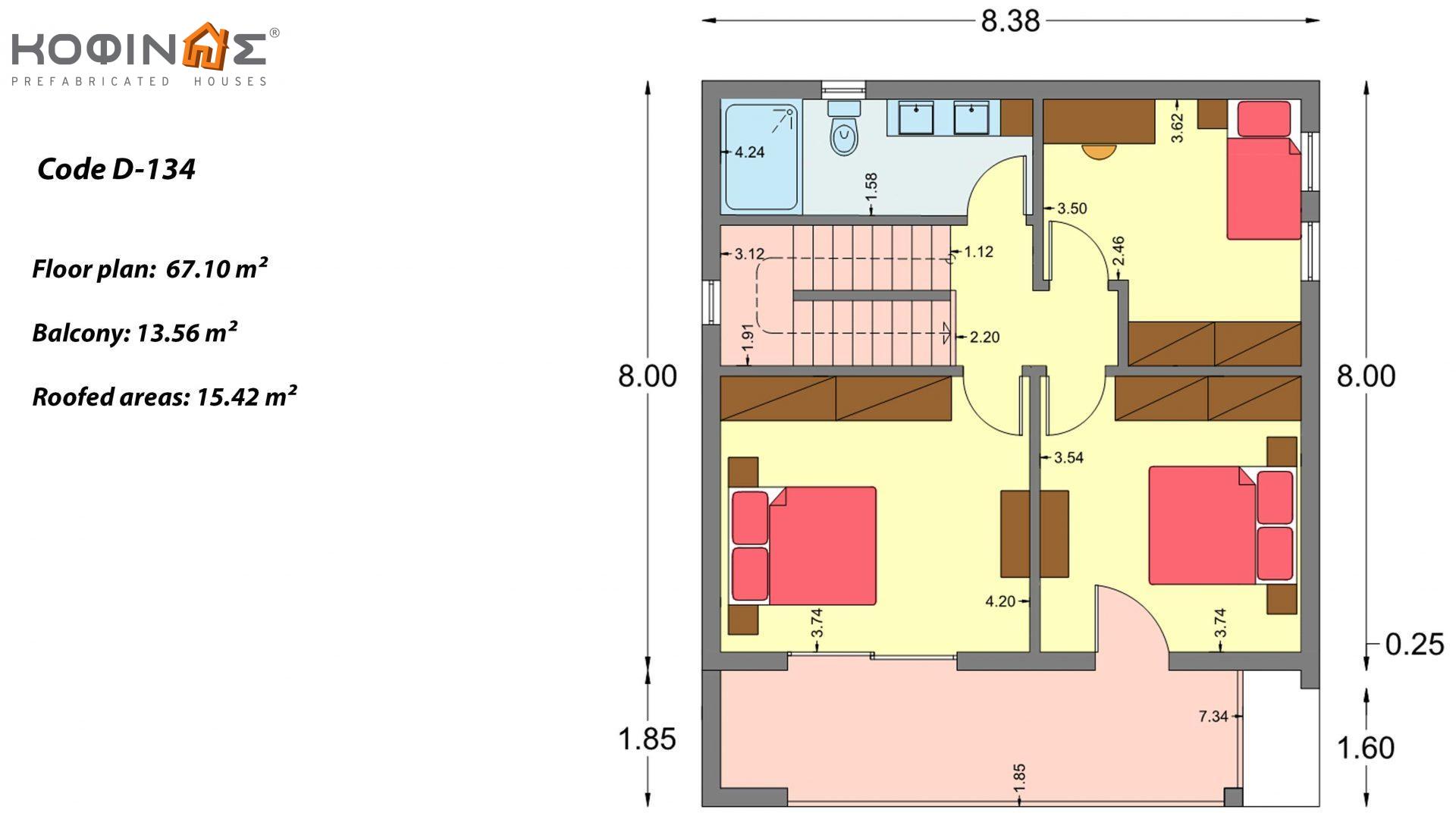 2-story house D-134, total surface of  134,26 m², roofed areas 31,28 m², balconies13,56 m²