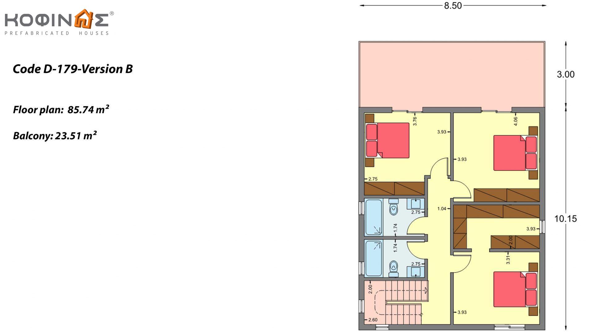 2-story house D-179, total surface of 179.38 m², +Garage 19.42 τ.μ. (=198.80 m²), covered roofed areas 30.90 m², Balconies 23.51 m²