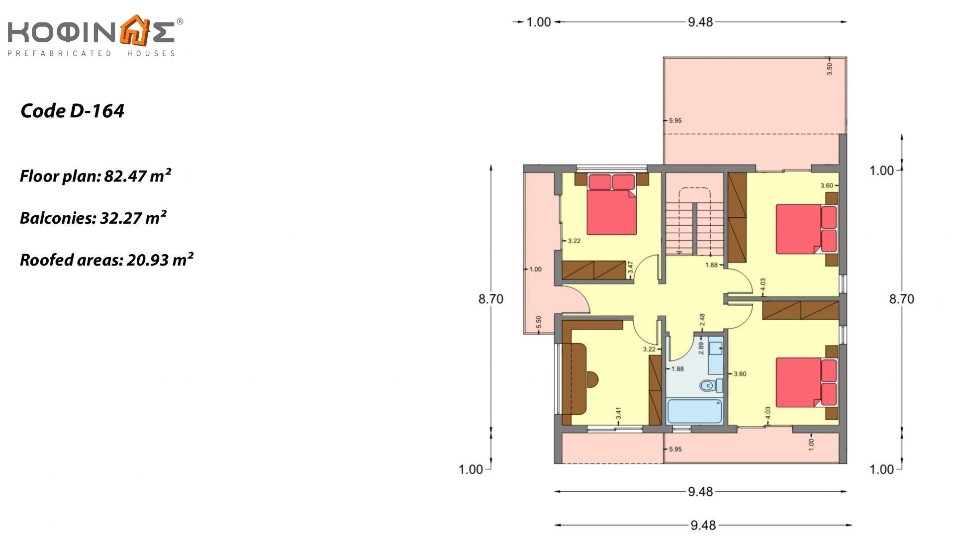 2-story house D-164, total surface of 164.94 m² ,+Garage 20.82 m²(=185.76 m²),covered roofed areas 32.38 m²,balconies 32.27 m²
