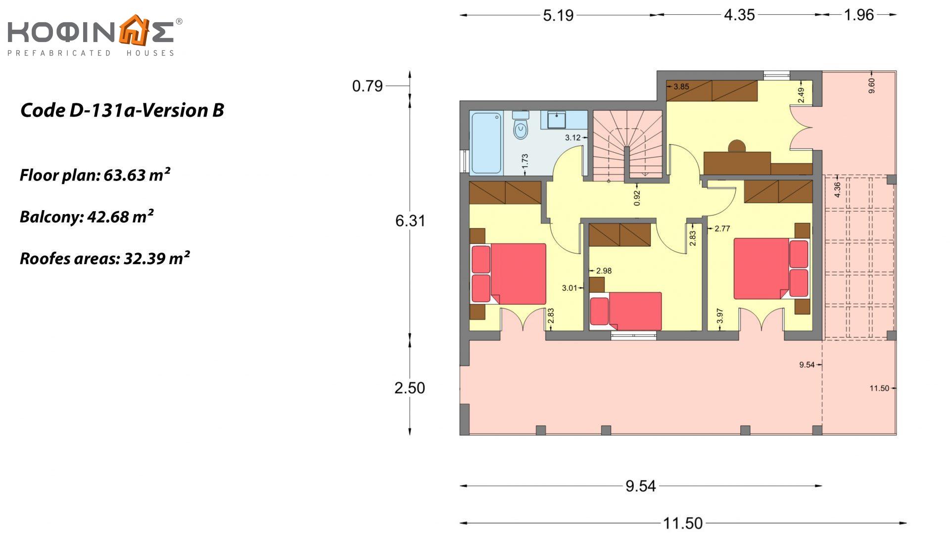 2-story house D-131a, total surface of 131.23 m² (Version A), 142.65 m² (Version B) ,covered roofed areas 63.69 m²,balconies 54.11 m²(Version A), 42.68 m²(Version B)