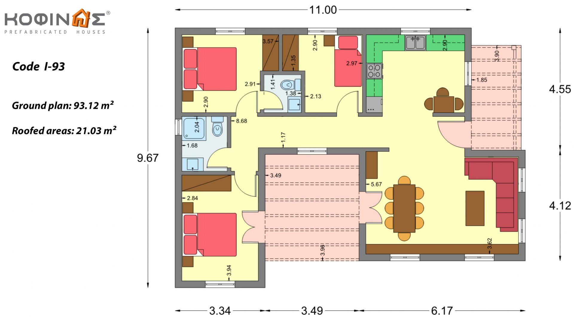 1-story house I-93, total surface of 93.12 m², covered roofed areas 21.03 m²