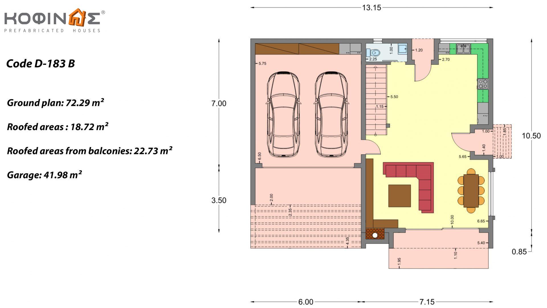 2-story house D 183B, total area 183.77 m²., +garage 41.98 m²(= 225,75 m²), covered areas 59.80 m², and balconies 28.09 m²