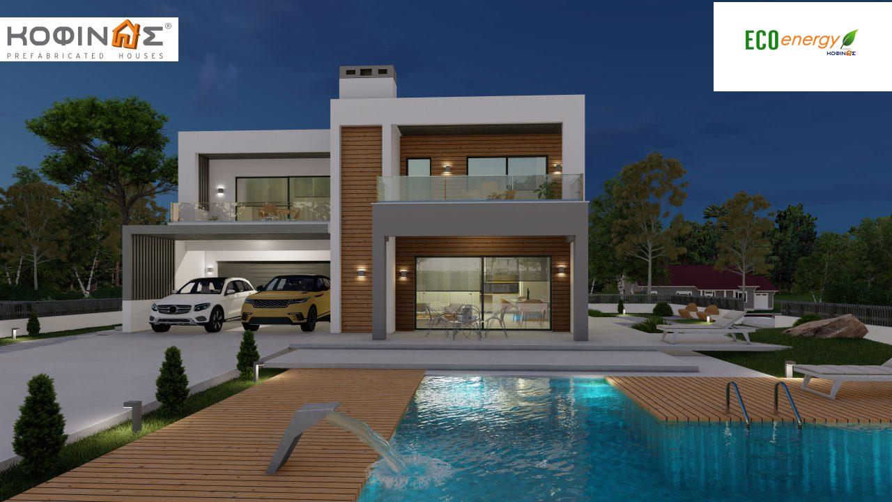 2-story house D 183Α, total area 183.77 m²., +garage 41.98 m²(= 225,75 m²), covered areas 64.39 m², and balconies 32.90 m²7