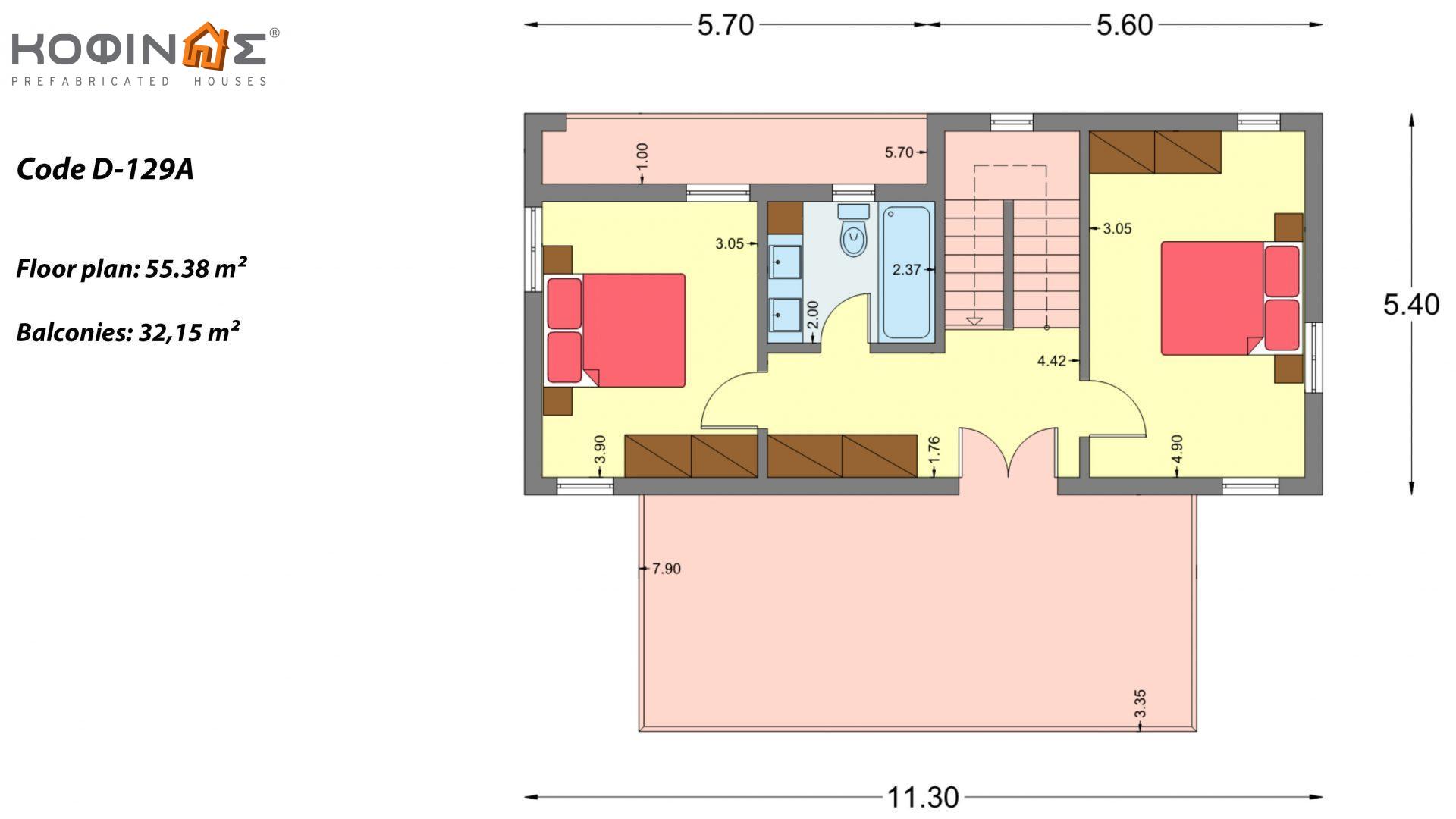 2-story house D-129A, total surface of 129,45 m²,covered roofed areas 13.39 m²,balconies 32.15 m²