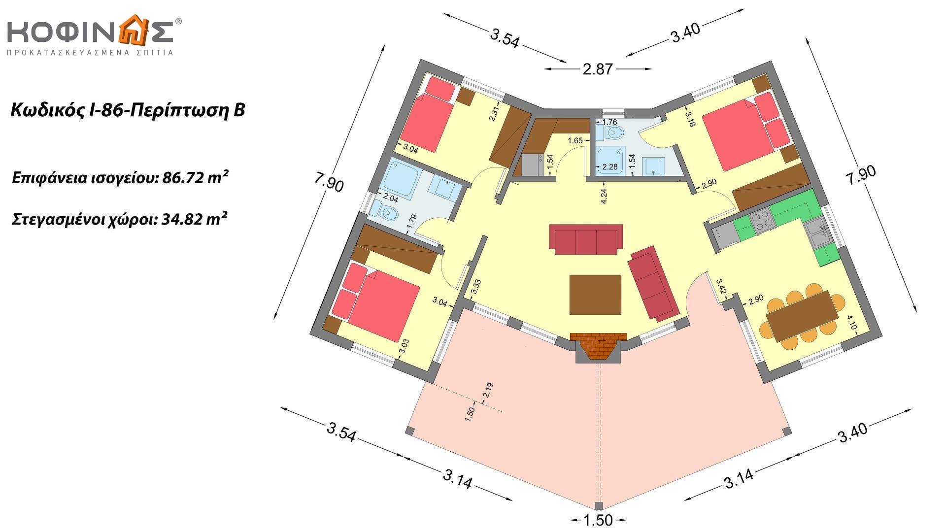 Ισόγεια Κατοικία I-86 συνολικής επιφάνειας 86,72 τ.μ., στεγασμένοι χώροι 38,69 τ.μ (Περίπτωση Α), στεγασμένοι χώροι 34,82 τ.μ. (Περίπτωση Β)