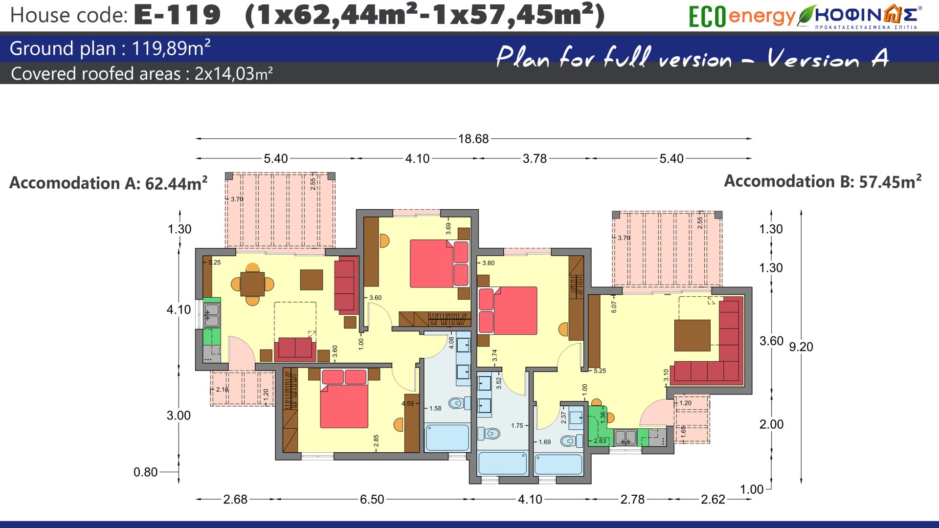 1 Storey Complex E-119, total surface of 1 x 62.44 and 1 x 57.45= 119,89 m² (version A+C) and 2 x 63.58 = 127.16 m²(version B) , covered roofed areas 14,03 m²(version A+C) and 14.67 m² (Version B)