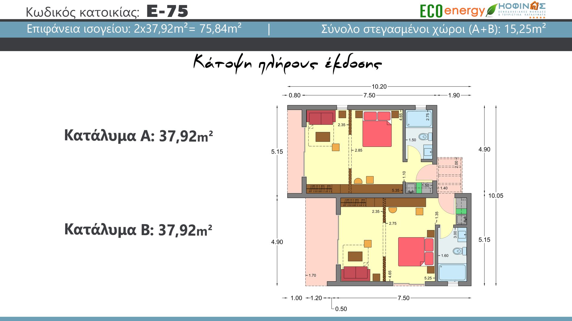 Συγκρότημα κατοικιών E-75, συνολικής επιφάνειας 2 x 37,92 = 75,84 τ.μ., συνολική επιφάνεια στεγασμένων χώρων 25,25 τ.μ.