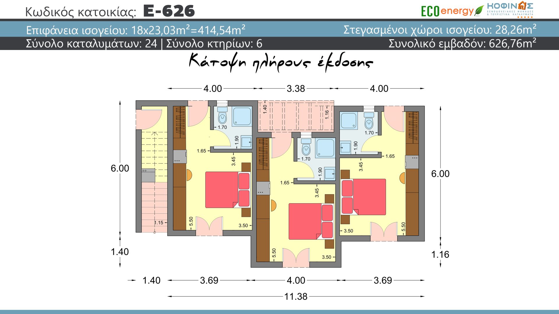 Συγκρότημα κατοικιών E-626, συνολικής επιφάνειας (18×23,03)+(6×35.37) = 626,75 τ.μ., συνολική επιφάνεια στεγασμένων χώρων 28,26 τ.μ., μπαλκόνια 214,14 τ.μ.