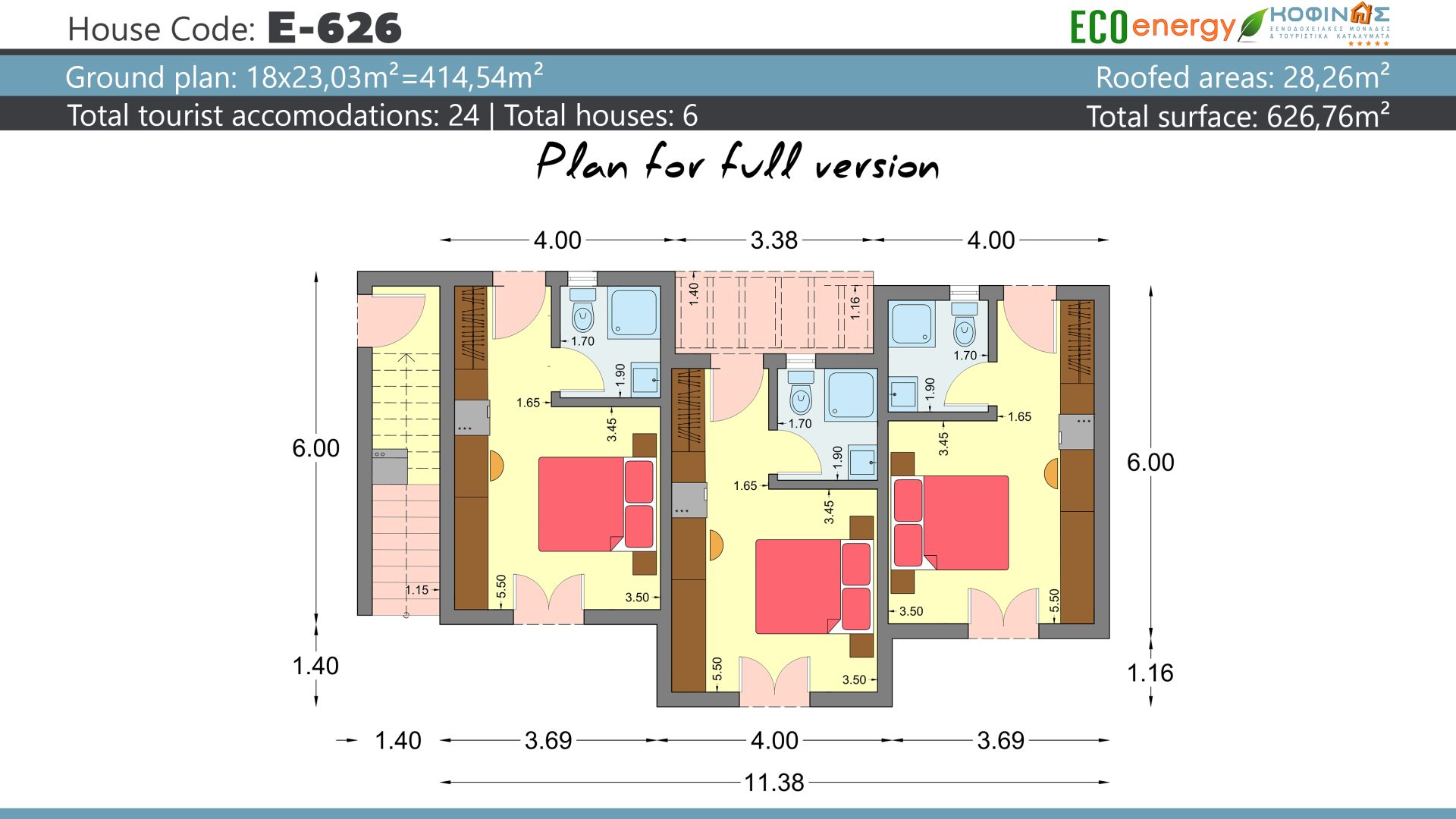 House complex E-626, total surface of (18×23,03)+(6×35.37) = 626,75m²,covered areas 28,26 m², balconies 214,14 m²