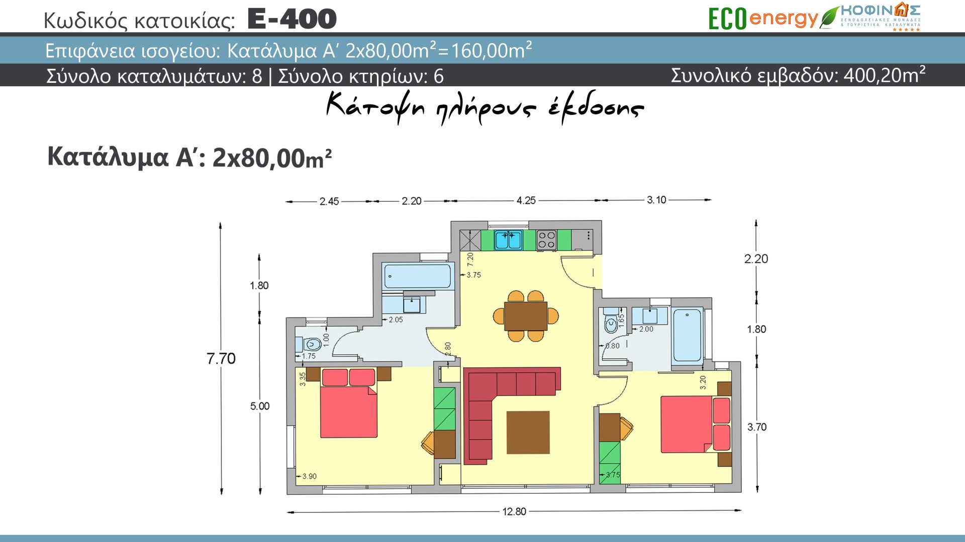 Συγκρότημα κατοικιών E-400, συνολικής επιφάνειας (2 x 80,00 m²)+(4 x 40,00 m²)+(2 x 40,10 m ²)= 400,20 m², Σύνολο καταλυμάτων : 8 | Σύνολο κτηρίων: 6