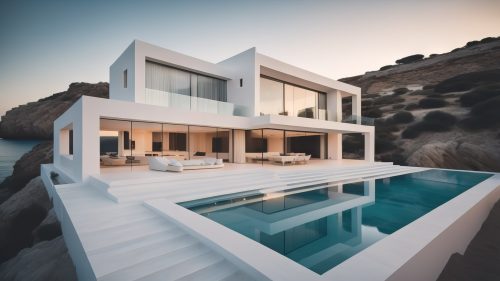 kofinas 画廊-现代豪华简约白色别墅的外观，日落时分，海边的悬崖上设有游泳池