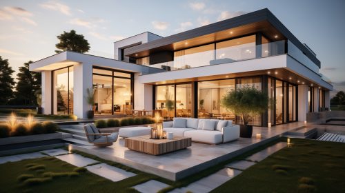 现代化的房屋设有露台和户外休息区，前面的草坪上摆放着一张白色沙发，现代别墅设计有大窗户和玻璃墙。